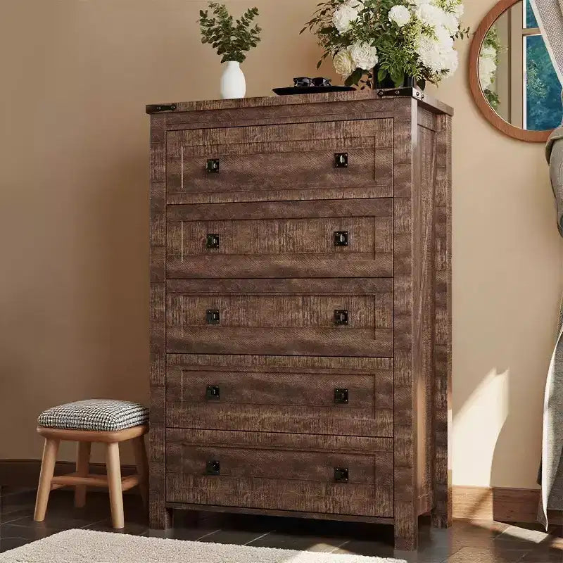 Farmhouse 5 Drawers Dresser, 48 Tall Wood Rustic Wide Chest of Drawers, Storage Dressers Organizer for Bedroom, Living Room