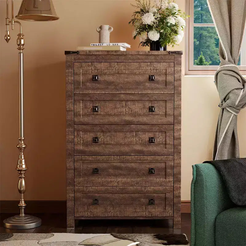 Farmhouse 5 Drawers Dresser, 48 Tall Wood Rustic Wide Chest of Drawers, Storage Dressers Organizer for Bedroom, Living Room