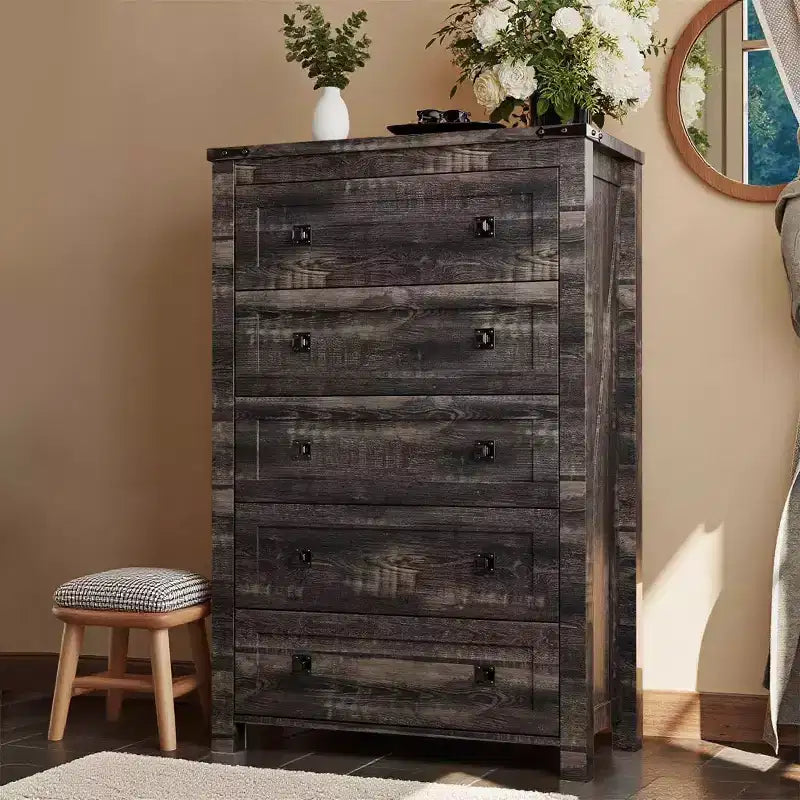 Farmhouse 5 Drawers Dresser, 48 Tall Wood Rustic Wide Chest of Drawers, Storage Dressers Organizer for Bedroom, Living Room