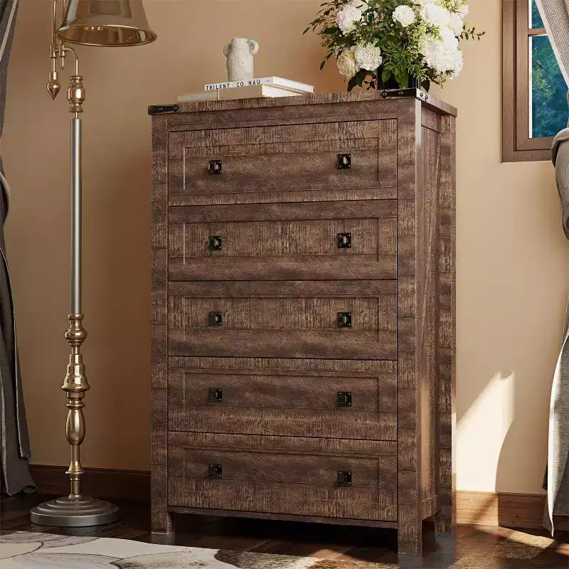 Farmhouse 5 Drawers Dresser, 48 Tall Wood Rustic Wide Chest of Drawers, Storage Dressers Organizer for Bedroom, Living Room