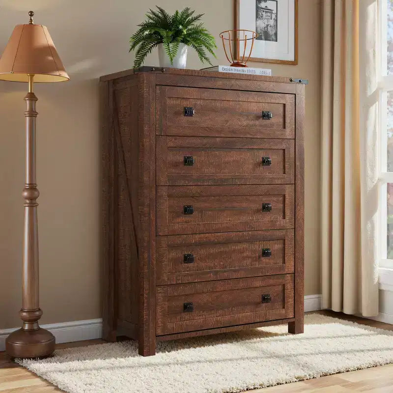 Farmhouse 5 Drawers Dresser, 48 Tall Wood Rustic Wide Chest of Drawers, Storage Dressers Organizer for Bedroom, Living Room