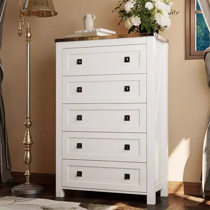 Farmhouse 5 Drawers Dresser, 48 Tall Wood Rustic Wide Chest of Drawers, Storage Dressers Organizer for Bedroom, Living Room
