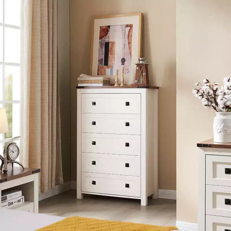 Farmhouse 5 Drawers Dresser, 48 Tall Wood Rustic Wide Chest of Drawers, Storage Dressers Organizer for Bedroom, Living Room