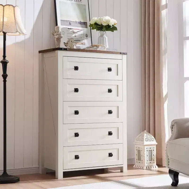 Farmhouse 5 Drawers Dresser, 48 Tall Wood Rustic Wide Chest of Drawers, Storage Dressers Organizer for Bedroom, Living Room