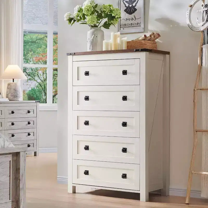 Farmhouse 5 Drawers Dresser, 48 Tall Wood Rustic Wide Chest of Drawers, Storage Dressers Organizer for Bedroom, Living Room