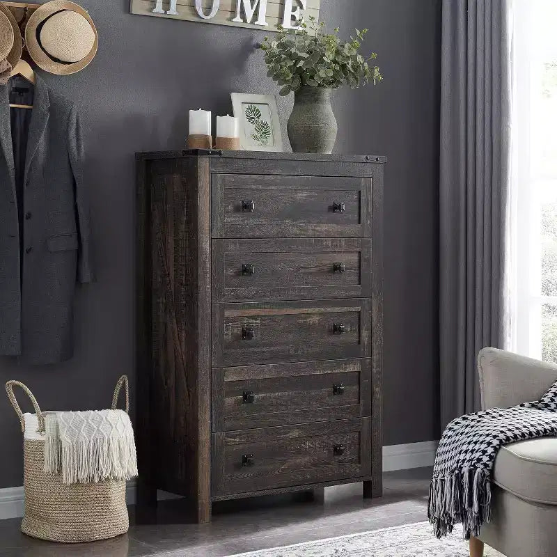 Farmhouse 5 Drawers Dresser, 48 Tall Wood Rustic Wide Chest of Drawers, Storage Dressers Organizer for Bedroom, Living Room