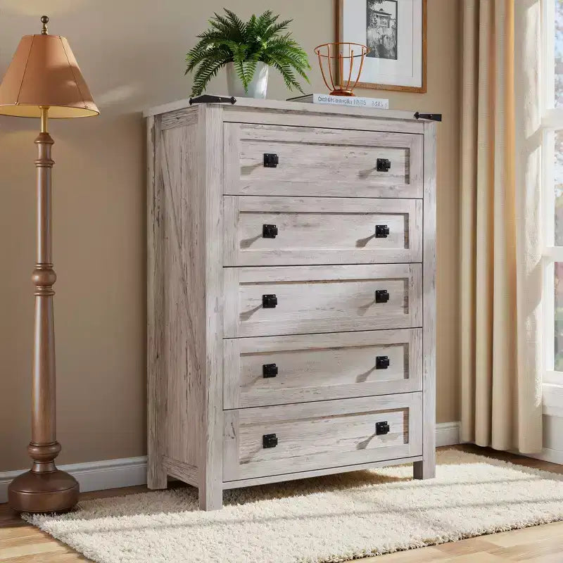Farmhouse 5 Drawers Dresser, 48 Tall Wood Rustic Wide Chest of Drawers, Storage Dressers Organizer for Bedroom, Living Room