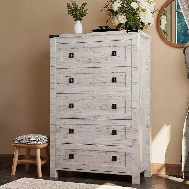 Farmhouse 5 Drawers Dresser, 48 Tall Wood Rustic Wide Chest of Drawers, Storage Dressers Organizer for Bedroom, Living Room