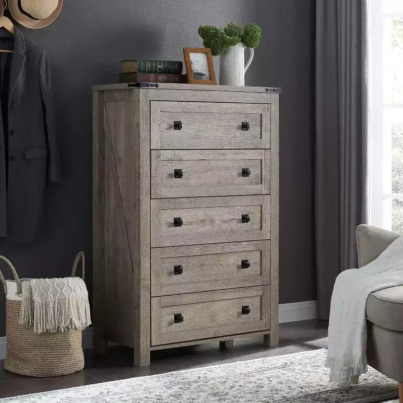 Farmhouse 5 Drawers Dresser, 48 Tall Wood Rustic Wide Chest of Drawers, Storage Dressers Organizer for Bedroom, Living Room
