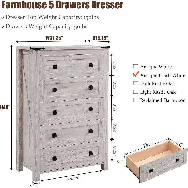 Farmhouse 5 Drawers Dresser, 48 Tall Wood Rustic Wide Chest of Drawers, Storage Dressers Organizer for Bedroom, Living Room