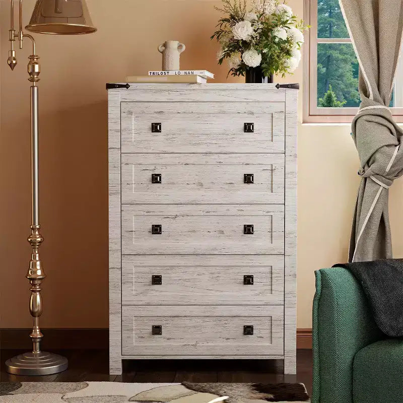 Farmhouse 5 Drawers Dresser, 48 Tall Wood Rustic Wide Chest of Drawers, Storage Dressers Organizer for Bedroom, Living Room