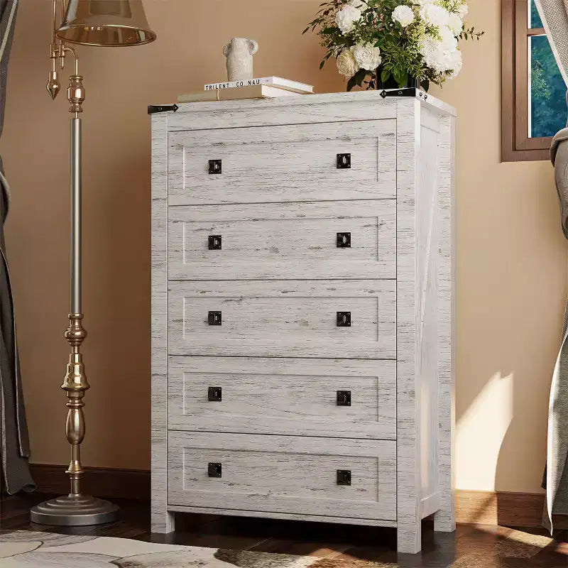 Farmhouse 5 Drawers Dresser, 48 Tall Wood Rustic Wide Chest of Drawers, Storage Dressers Organizer for Bedroom, Living Room