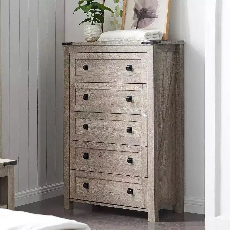 Farmhouse 5 Drawers Dresser, 48 Tall Wood Rustic Wide Chest of Drawers, Storage Dressers Organizer for Bedroom, Living Room