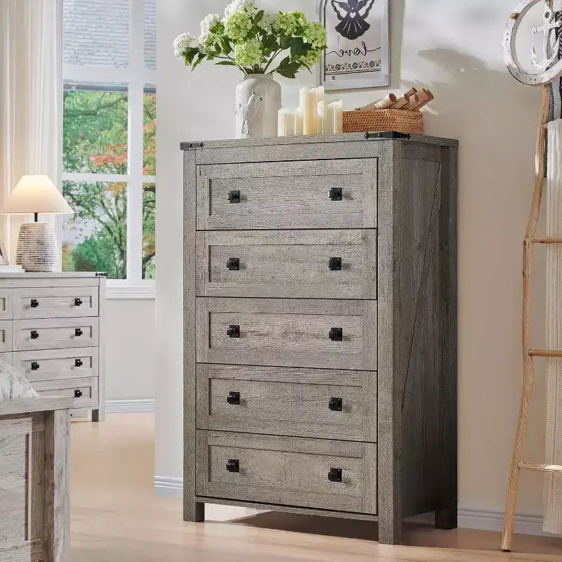 Farmhouse 5 Drawers Dresser, 48 Tall Wood Rustic Wide Chest of Drawers, Storage Dressers Organizer for Bedroom, Living Room