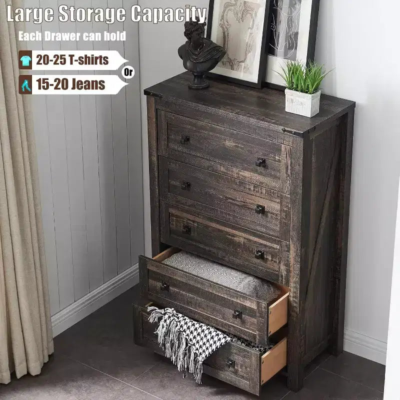 Farmhouse 5 Drawers Dresser, 48 Tall Wood Rustic Wide Chest of Drawers, Storage Dressers Organizer for Bedroom, Living Room