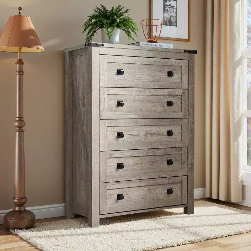 Farmhouse 5 Drawers Dresser, 48 Tall Wood Rustic Wide Chest of Drawers, Storage Dressers Organizer for Bedroom, Living Room