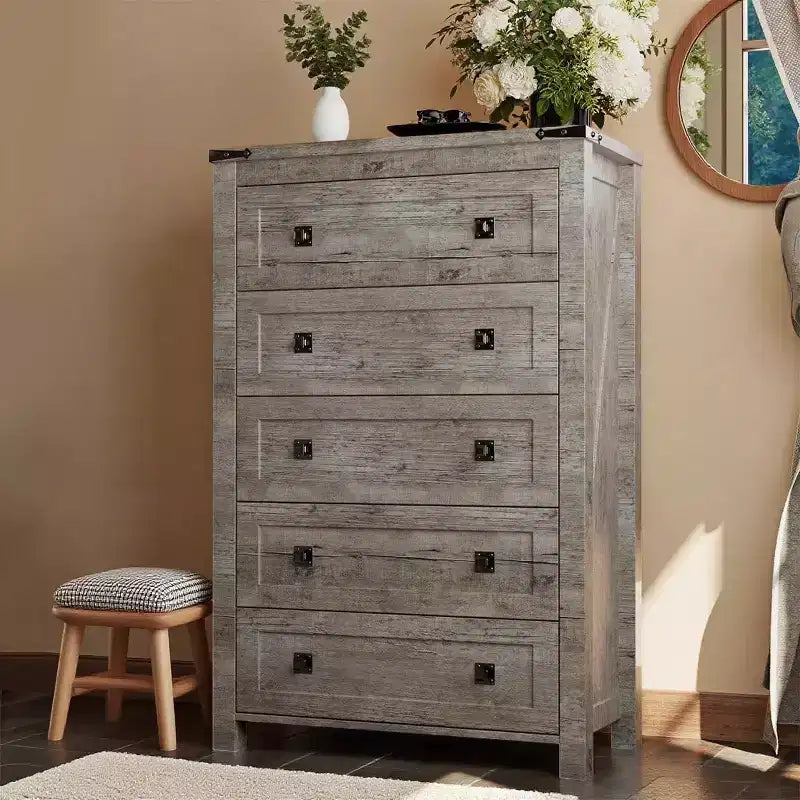 Farmhouse 5 Drawers Dresser, 48 Tall Wood Rustic Wide Chest of Drawers, Storage Dressers Organizer for Bedroom, Living Room
