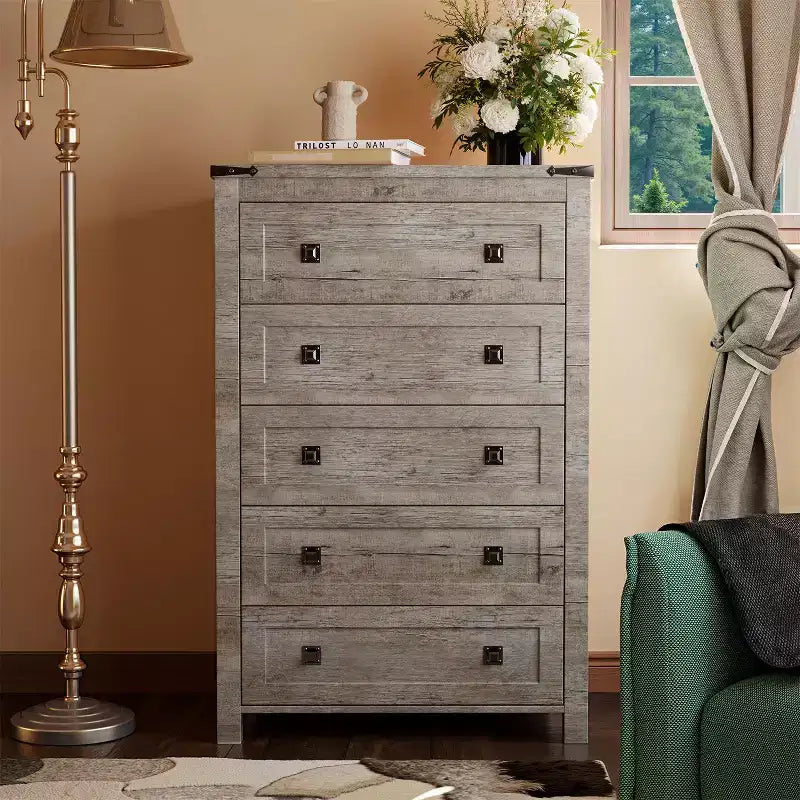 Farmhouse 5 Drawers Dresser, 48 Tall Wood Rustic Wide Chest of Drawers, Storage Dressers Organizer for Bedroom, Living Room