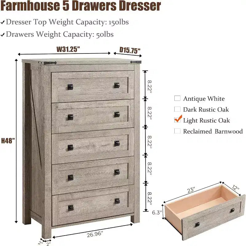 Farmhouse 5 Drawers Dresser, 48 Tall Wood Rustic Wide Chest of Drawers, Storage Dressers Organizer for Bedroom, Living Room