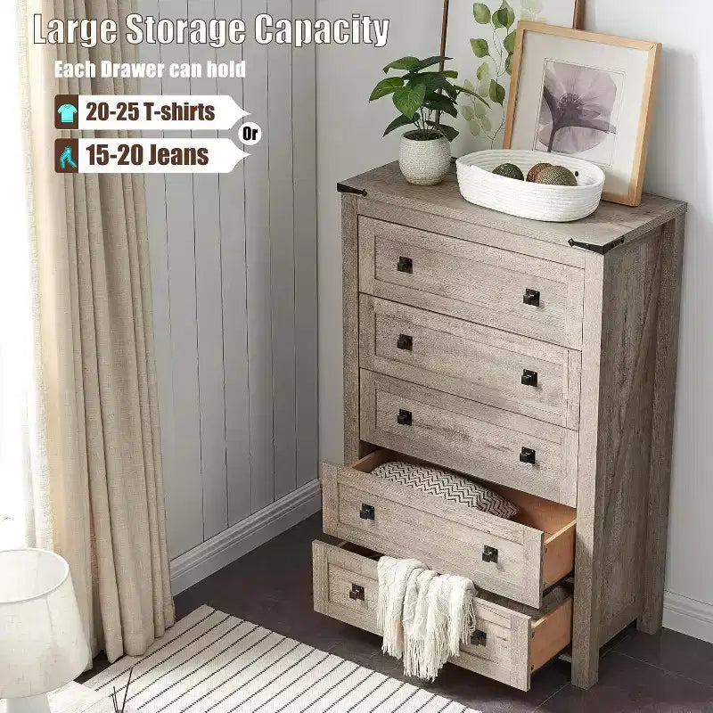 Farmhouse 5 Drawers Dresser, 48 Tall Wood Rustic Wide Chest of Drawers, Storage Dressers Organizer for Bedroom, Living Room