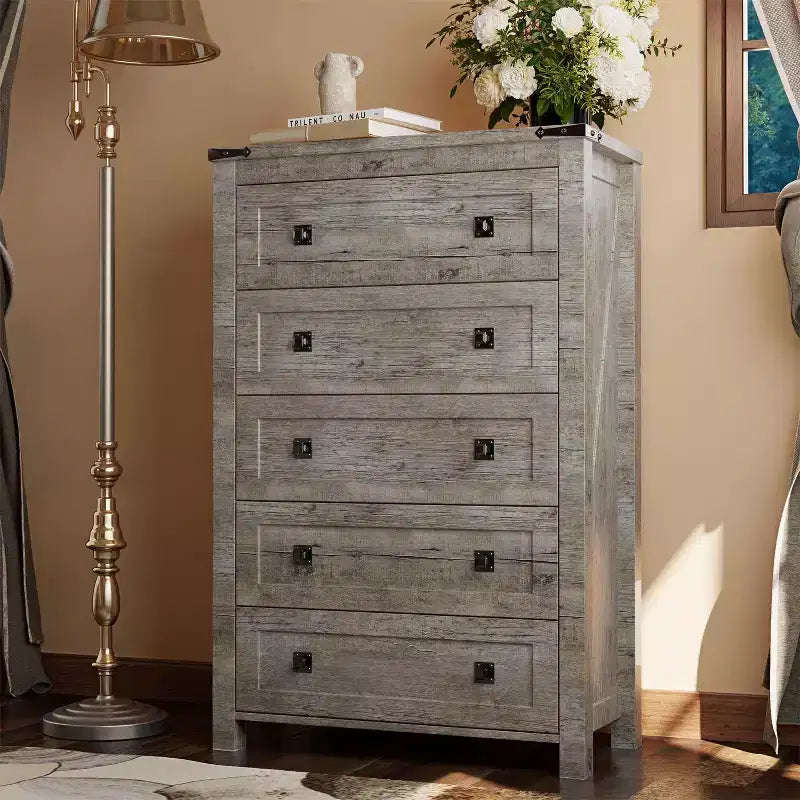 Farmhouse 5 Drawers Dresser, 48 Tall Wood Rustic Wide Chest of Drawers, Storage Dressers Organizer for Bedroom, Living Room