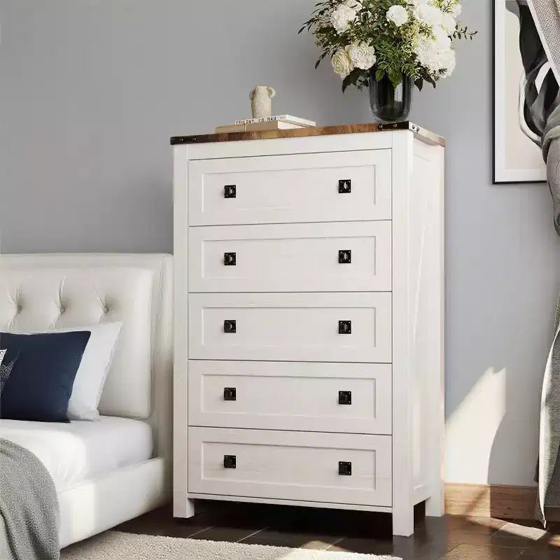 Farmhouse 5 Drawers Dresser, 48 Tall Wood Rustic Wide Chest of Drawers, Storage Dressers Organizer for Bedroom, Living Room