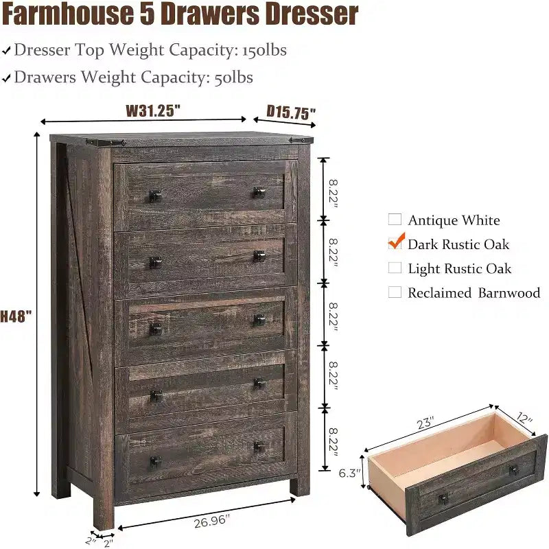 Farmhouse 5 Drawers Dresser, 48 Tall Wood Rustic Wide Chest of Drawers, Storage Dressers Organizer for Bedroom, Living Room