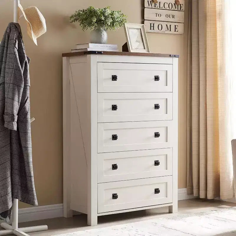 Farmhouse 5 Drawers Dresser, 48 Tall Wood Rustic Wide Chest of Drawers, Storage Dressers Organizer for Bedroom, Living Room