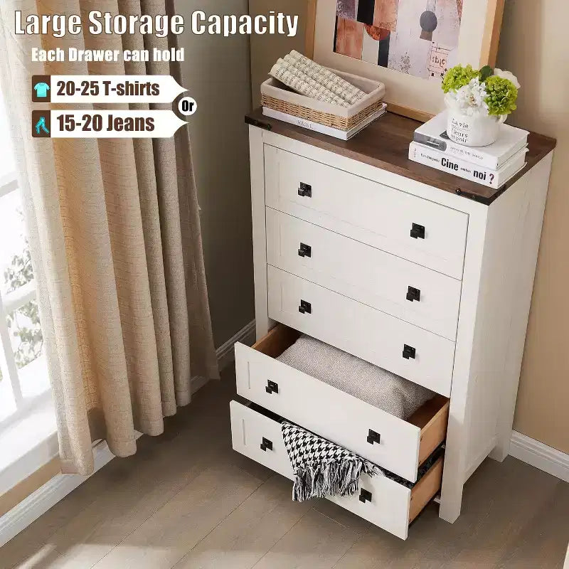 Farmhouse 5 Drawers Dresser, 48 Tall Wood Rustic Wide Chest of Drawers, Storage Dressers Organizer for Bedroom, Living Room
