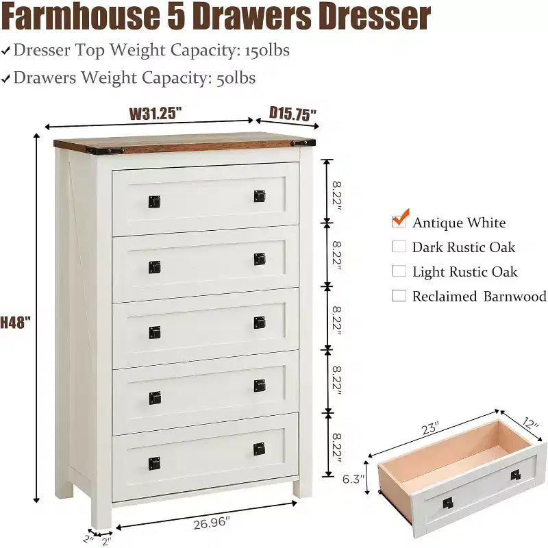 Farmhouse 5 Drawers Dresser, 48 Tall Wood Rustic Wide Chest of Drawers, Storage Dressers Organizer for Bedroom, Living Room