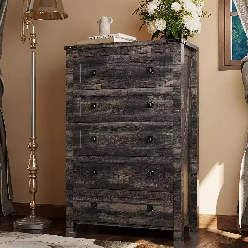 Farmhouse 5 Drawers Dresser, 48 Tall Wood Rustic Wide Chest of Drawers, Storage Dressers Organizer for Bedroom, Living Room