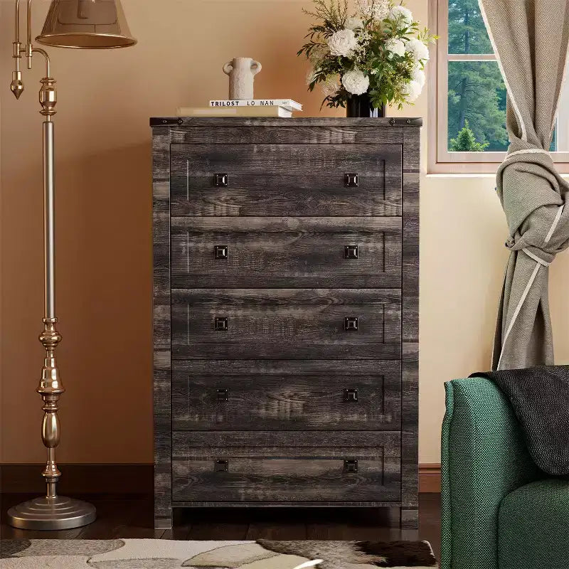 Farmhouse 5 Drawers Dresser, 48 Tall Wood Rustic Wide Chest of Drawers, Storage Dressers Organizer for Bedroom, Living Room
