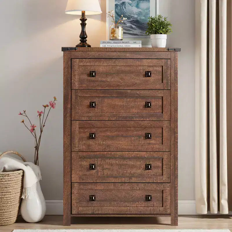 Farmhouse 5 Drawers Dresser, 48 Tall Wood Rustic Wide Chest of Drawers, Storage Dressers Organizer for Bedroom, Living Room