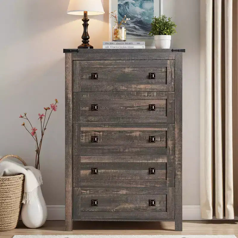 Farmhouse 5 Drawers Dresser, 48 Tall Wood Rustic Wide Chest of Drawers, Storage Dressers Organizer for Bedroom, Living Room