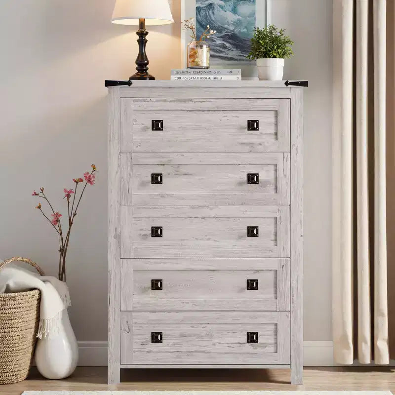 Farmhouse 5 Drawers Dresser, 48 Tall Wood Rustic Wide Chest of Drawers, Storage Dressers Organizer for Bedroom, Living Room