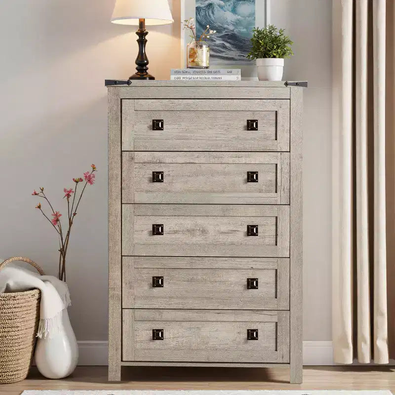 Farmhouse 5 Drawers Dresser, 48 Tall Wood Rustic Wide Chest of Drawers, Storage Dressers Organizer for Bedroom, Living Room