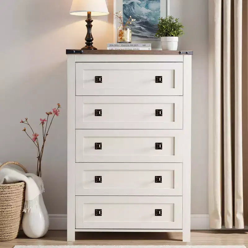 Farmhouse 5 Drawers Dresser, 48 Tall Wood Rustic Wide Chest of Drawers, Storage Dressers Organizer for Bedroom, Living Room