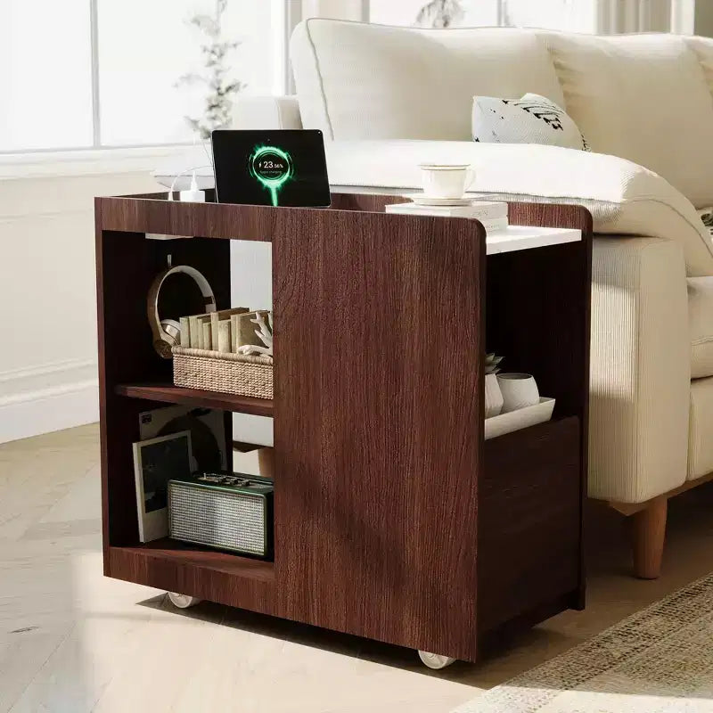 Mobile End Table with Charging Station and Drawer - Side Table with 2 AC Outlets, 3-Level Adjustable Shelf and Lockable Wheels