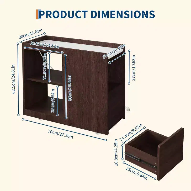 Mobile End Table with Charging Station and Drawer - Side Table with 2 AC Outlets, 3-Level Adjustable Shelf and Lockable Wheels