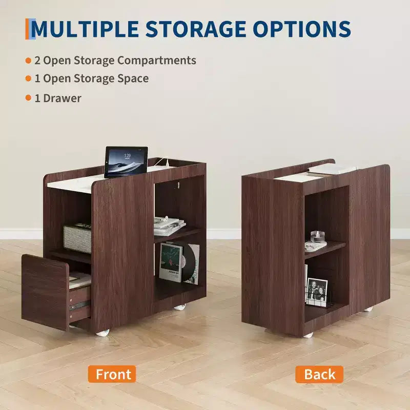 Mobile End Table with Charging Station and Drawer - Side Table with 2 AC Outlets, 3-Level Adjustable Shelf and Lockable Wheels