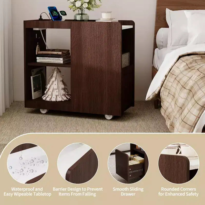 Mobile End Table with Charging Station and Drawer - Side Table with 2 AC Outlets, 3-Level Adjustable Shelf and Lockable Wheels