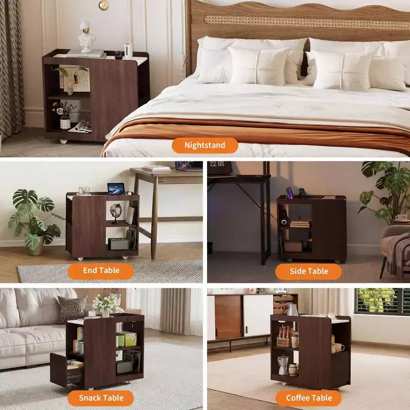 Mobile End Table with Charging Station and Drawer - Side Table with 2 AC Outlets, 3-Level Adjustable Shelf and Lockable Wheels