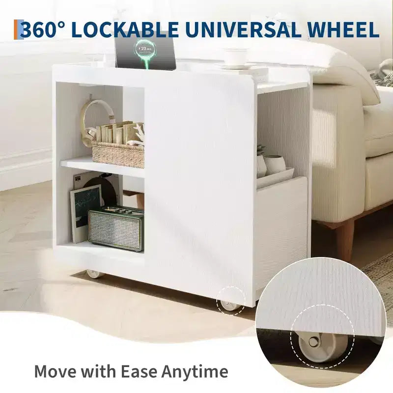 Mobile End Table with Charging Station and Drawer - Side Table with 2 AC Outlets, 3-Level Adjustable Shelf and Lockable Wheels