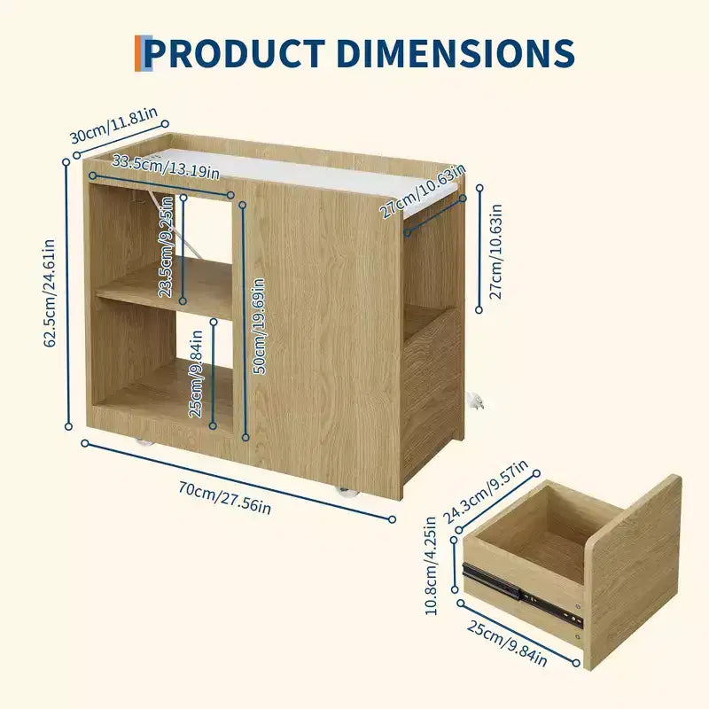 Mobile End Table with Charging Station and Drawer - Side Table with 2 AC Outlets, 3-Level Adjustable Shelf and Lockable Wheels