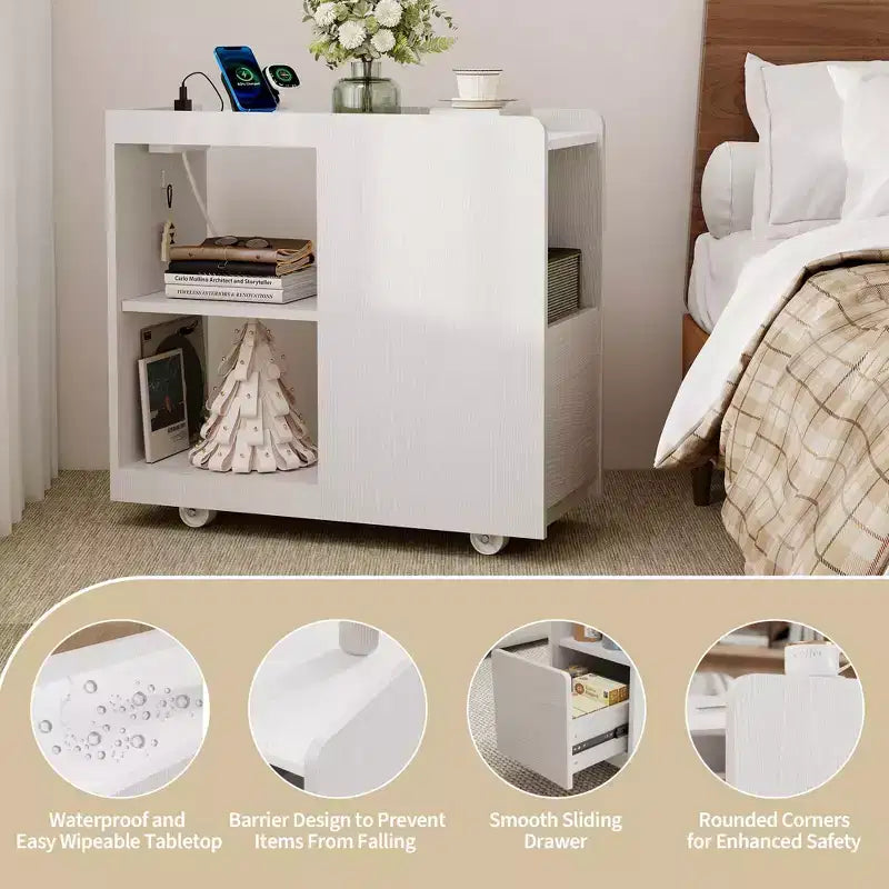 Mobile End Table with Charging Station and Drawer - Side Table with 2 AC Outlets, 3-Level Adjustable Shelf and Lockable Wheels