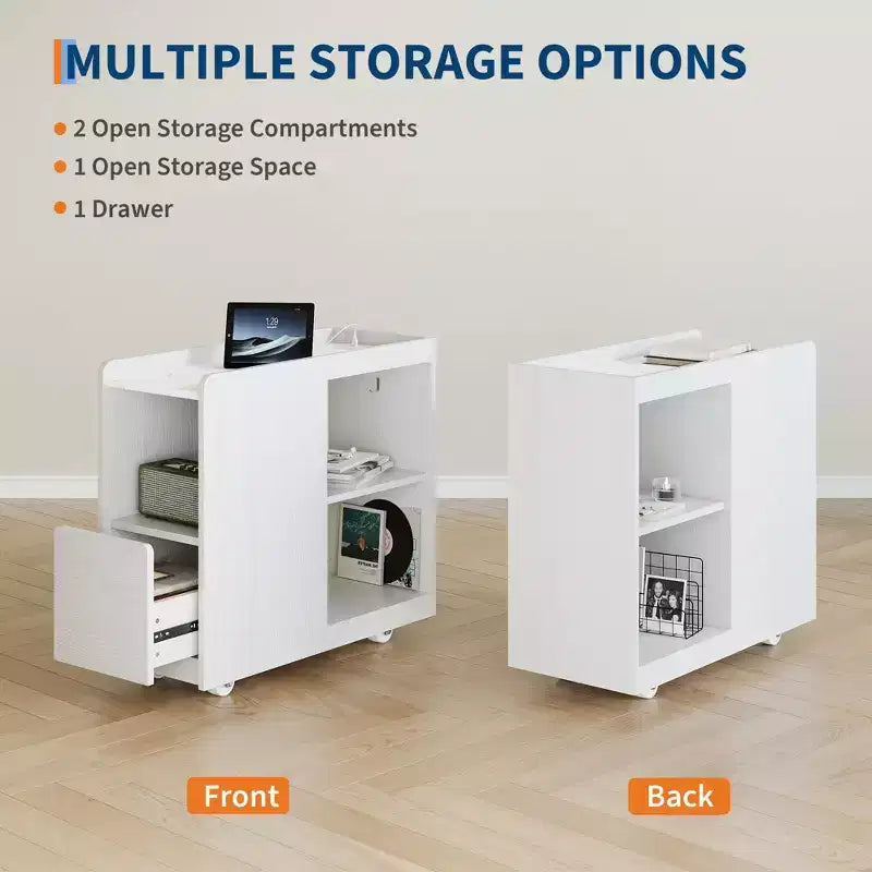 Mobile End Table with Charging Station and Drawer - Side Table with 2 AC Outlets, 3-Level Adjustable Shelf and Lockable Wheels
