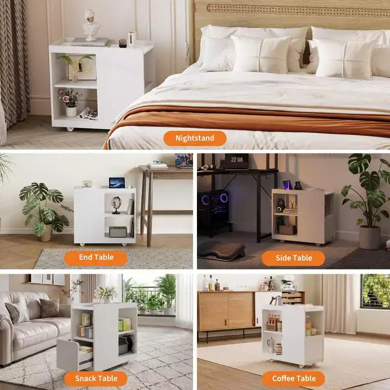 Mobile End Table with Charging Station and Drawer - Side Table with 2 AC Outlets, 3-Level Adjustable Shelf and Lockable Wheels