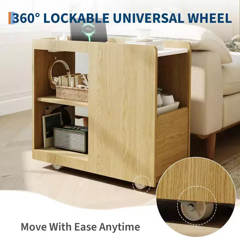 Mobile End Table with Charging Station and Drawer - Side Table with 2 AC Outlets, 3-Level Adjustable Shelf and Lockable Wheels