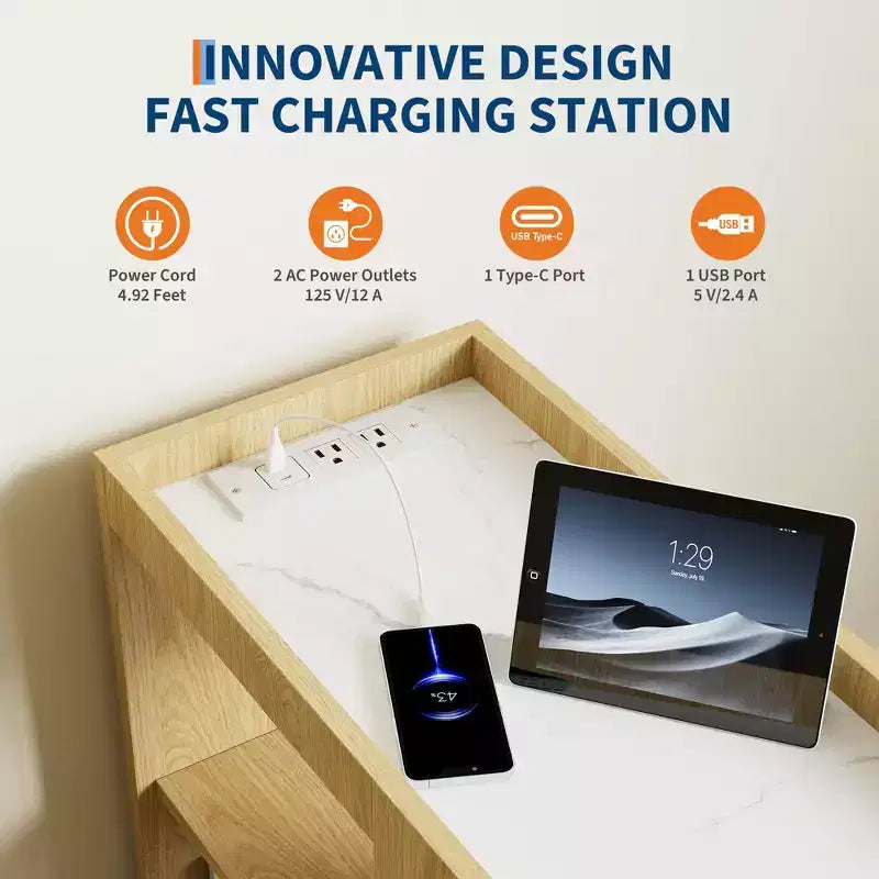 Mobile End Table with Charging Station and Drawer - Side Table with 2 AC Outlets, 3-Level Adjustable Shelf and Lockable Wheels