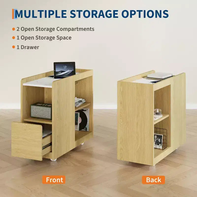 Mobile End Table with Charging Station and Drawer - Side Table with 2 AC Outlets, 3-Level Adjustable Shelf and Lockable Wheels